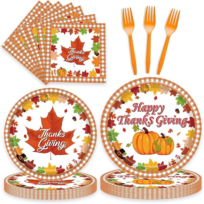 96 Pcs Thanksgiving Plates and Napkins - Pumpkin Maple Leaf Theme Party Supplies Disposable Paper Tableware for Thanksgiving Decor Fall Dinnerware Set Serves 24 Guests