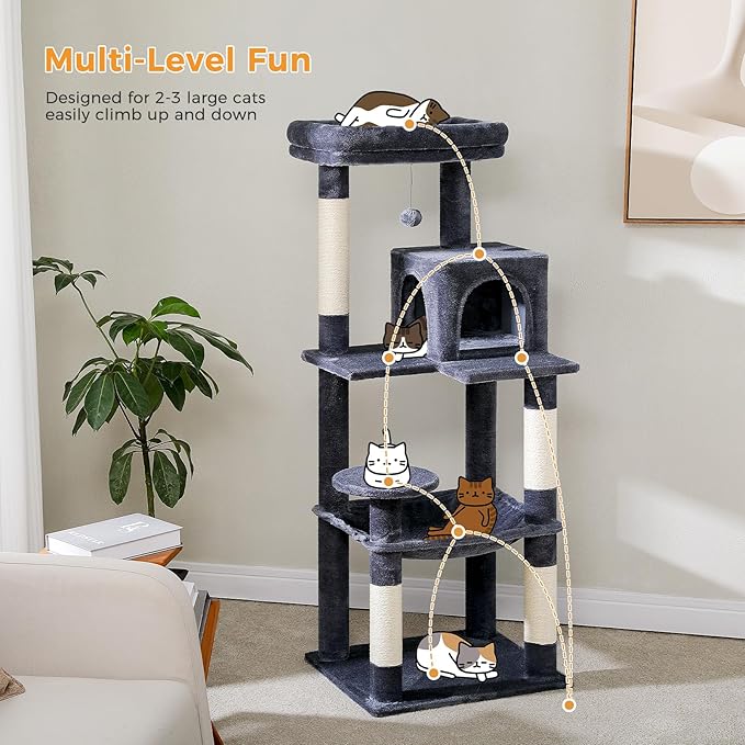 PETEPELA 56.3'' Tall Cat Tree for Indoor Cats, Multi-Level Cat Tower with Super Large Hammock (20''X16''), Sisal Covered Scratching Posts, Cozy Condo and Top Perch, Dark Grey
