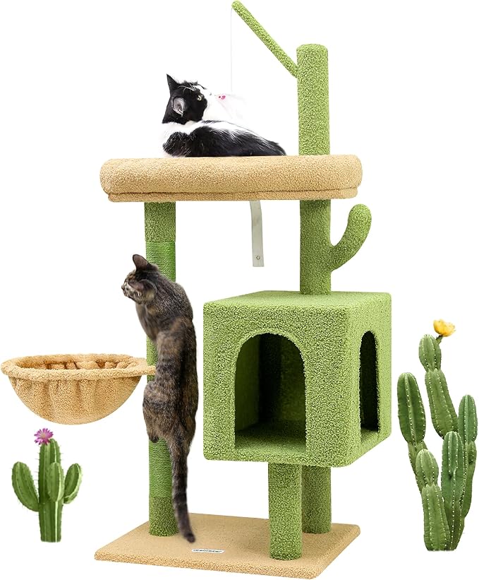 F46C Versatile Play Cactus Cat Tree Tower | 46-Inch Sturdy Cat Condo with Scratching Posts, Hammock, Multiple Platforms & Anti-Tip Kit for Large Multi-Cats | Premium Quality Materials, Green