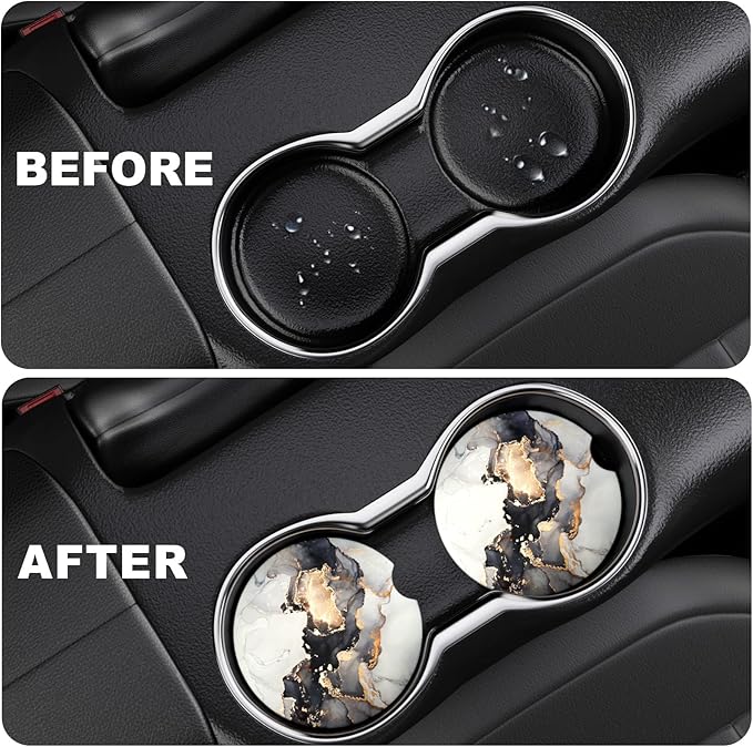 2 Pack Car Cup Holder Coaster, 2.63 inch Anti Slip Insert Absorbent Ceramic Car Coaster with Cork Base and Finger Notch, Cute Car Accessories Interior for Women, Cute Car Coasters., CH0025