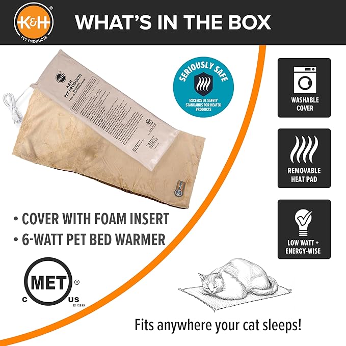K&H Pet Products Heated Thermo-Kitty Mat, Indoor Heated Cat Bed, Pet Heat Pad for Indoor Cats and Small Dogs, Cat Heating Pad, Electric Thermal Warming Cat Bed Mat, Mocha/Tan 12.5 X 25 Inches