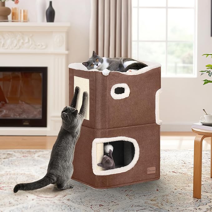 YIATHOME 2-Tier Cat House, Cat Beds for Indoor Cats, Small Cat Condo with Scratch Post and Hideaway Cave, Modern Cat Cube Playhouse for Multi Kittens, Brown