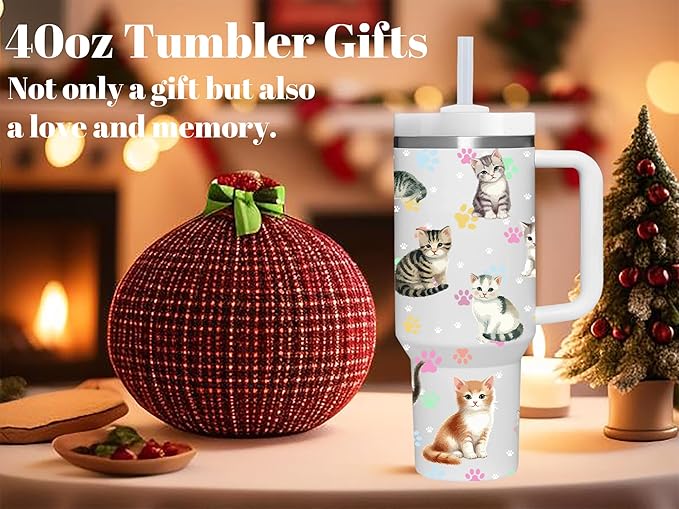 40 OZ Kitty Tumbler with Handle.Cat Lover Gifts.Unique Birthday Christmas Gifts for Cat Lover.Personalized 40 OZ Cat Tumbler Gifts for Women Men.