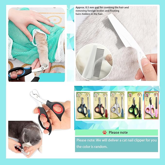 Adjustable Multifunctional Anti-Bite Shower net Bag，Cat Grooming Mesh Bag, Cat Bathing Bag，Cat Bath Brush and Cat Nail Clipper(A-Green)