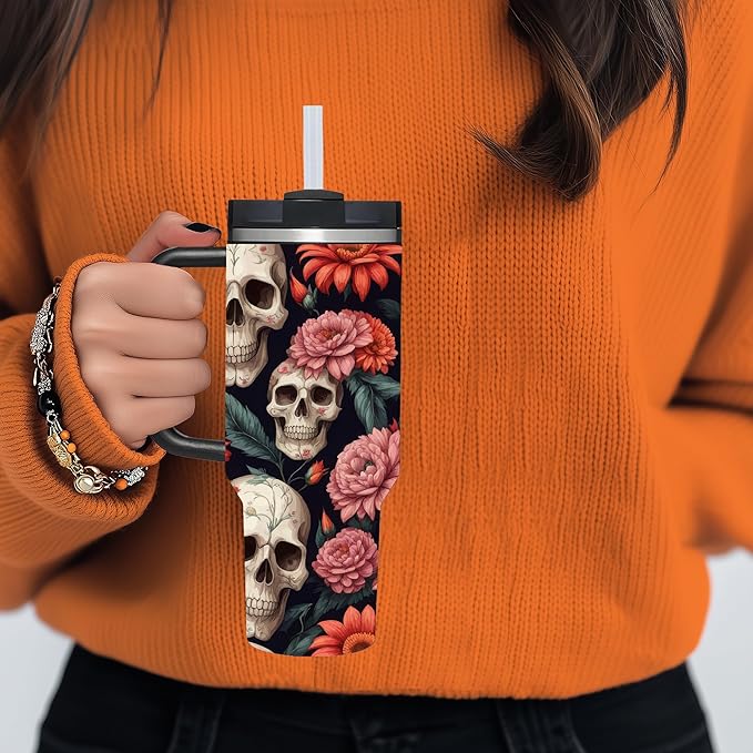 AMZUShome 40 OZ Goth Black Skull Tumbler with Handle.Skull Lover Goth Gifts.Unique Birthday Christmas Halloween Gifts.Personalized 40 OZ Goth Black Skull with Flower Tumbler Gifts for Women Men.