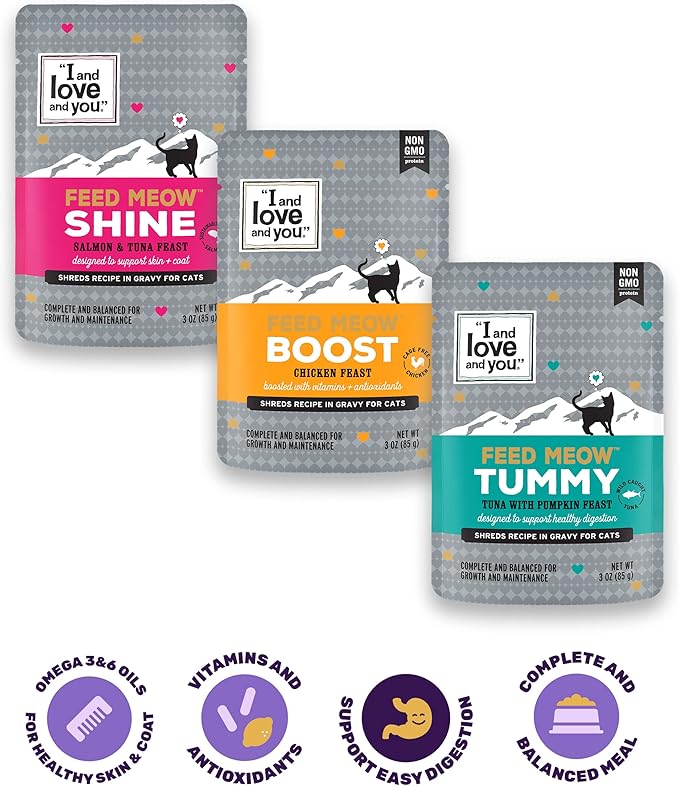 "I and love and you" Feed Meow Wet Cat Food Toppers, Shine Formula with Salmon and Tuna, Omegas 3 and 6 for Healthy Skin and Coat, Grain Free, No Fillers, 3 Oz Pouches, 1 Pouch Trial Size