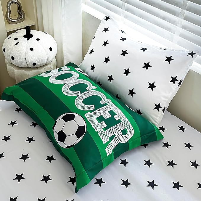 7 Piece Boys Soccer Comforter Set Queen Size Bed in A Bag 3D Football Playground Sports Bedding Set for Kids Microfiber Comforter All Season Green