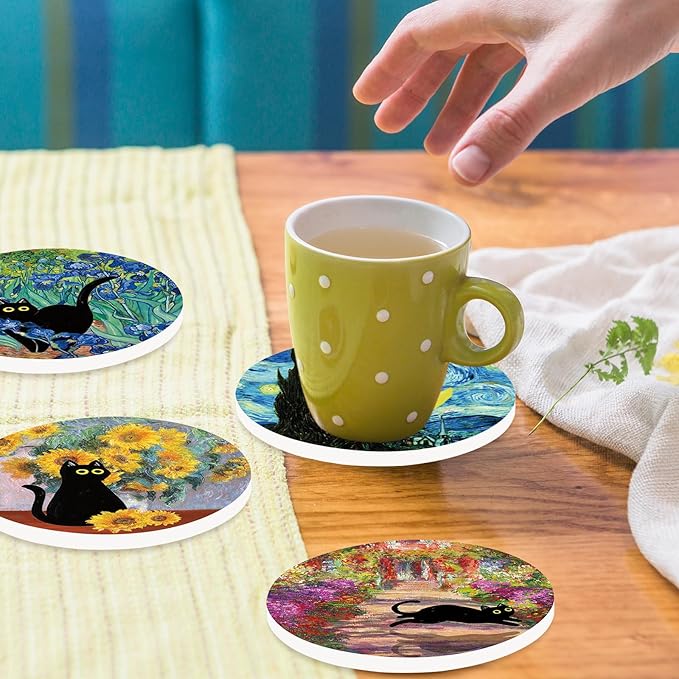6Pcs Black Cat Painting Coaster Floral Animal Ceramic Coaster Cute Flower Absorbent Cup Mat for Spring Home Kitchen Party Table Decor