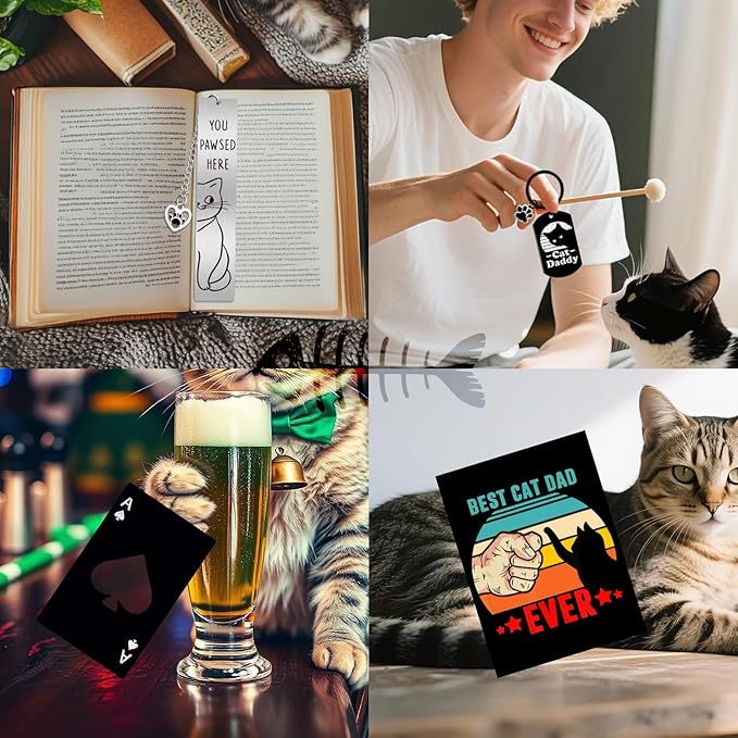 9 Pieces Cat Dad Gifts for Men, Cat Lover Gifts for Men with 20 Oz Tumbler Baseball Cap Socks Bracelet Keychain Bookmark Bottle Opener Greeting Card, Father’s Day, Birthday, Christmas Gift