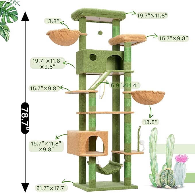 Cactus Cat Tree for Large Cats, 78.7"(200cm) Tall Cat Tower for Indoor Cats Multiple Cats with Large Top Perch, Cat Condo, Cat Hammcok, Cat Scratching Post,Green and Yellow GCT031GY