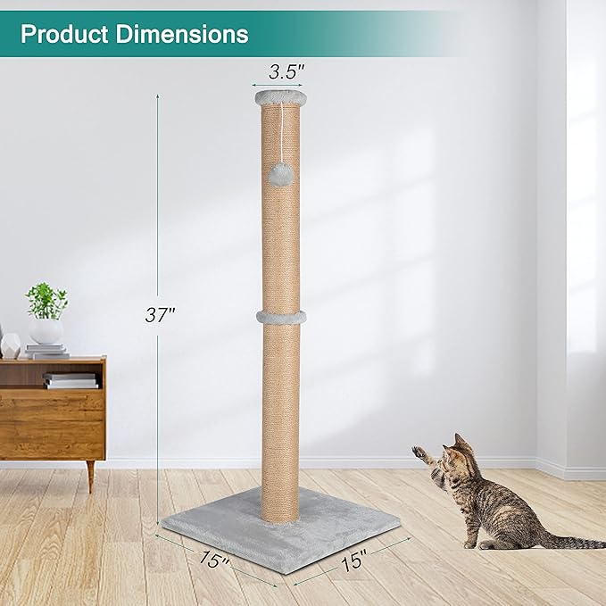 FluffyDream 37'' Cat Scratching Post, Natural Sisal Rope Scratcher with Dangling Teaser Ball and Covered with Soft Plush for Kittens and Adult Cats, Sand Color