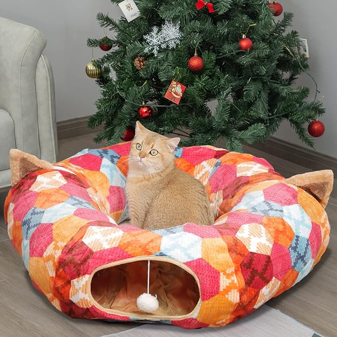 AUOON Cat Tunnel Bed with Central Mat,Big Tube Playground Toys,Soft Plush Material,Full Moon Shape for Kitten,Cat,Puppy,Rabbit,Ferret (Orange)