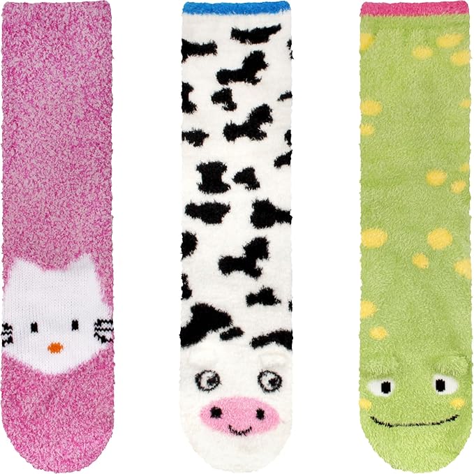 BambooMN Super Soft Warm Cute Animal Face Non-Slip Fuzzy Crew Winter Home Socks, Value Pack