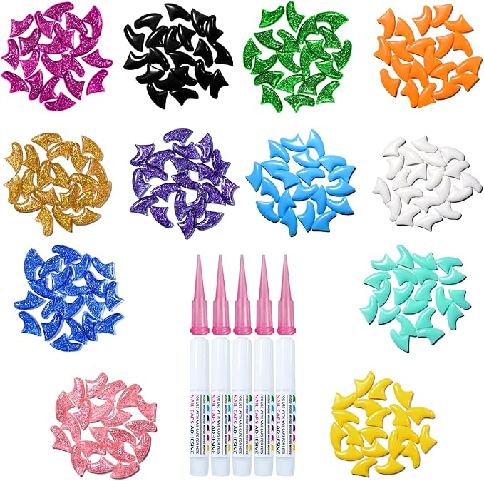 10x Colors / 100 pcs Cat Nail Caps | Cat Claw Covers with Adhesives and Applicators | Alpha (XS)
