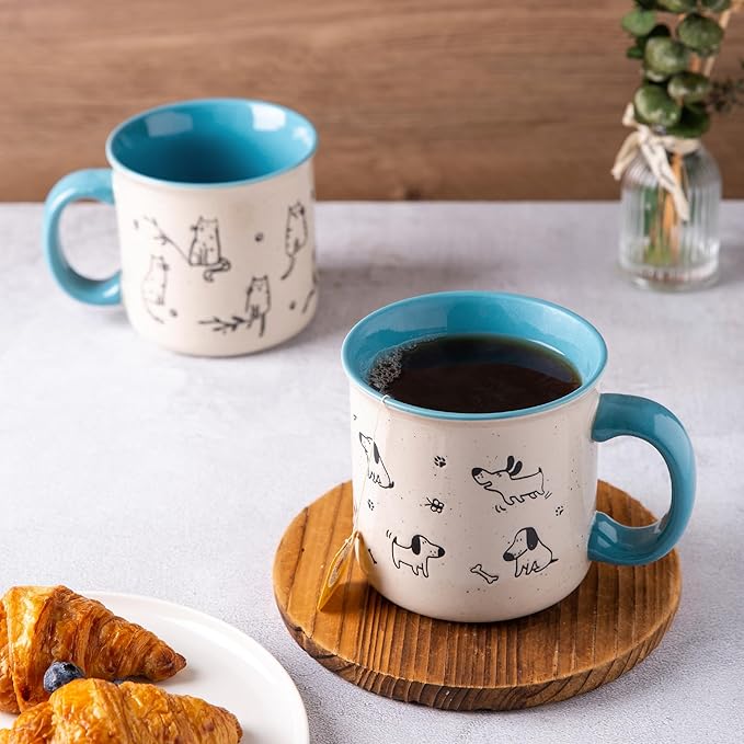 AmorArc 22 OZ Large Ceramic Coffee Mugs Set of 2, Oversized Mugs With Big Handle for Men Women Dad Mom, Big Mug With Textured Dogs Cats Patterns for Office & Home -Microwave Safe, 2 Pcs-Blue