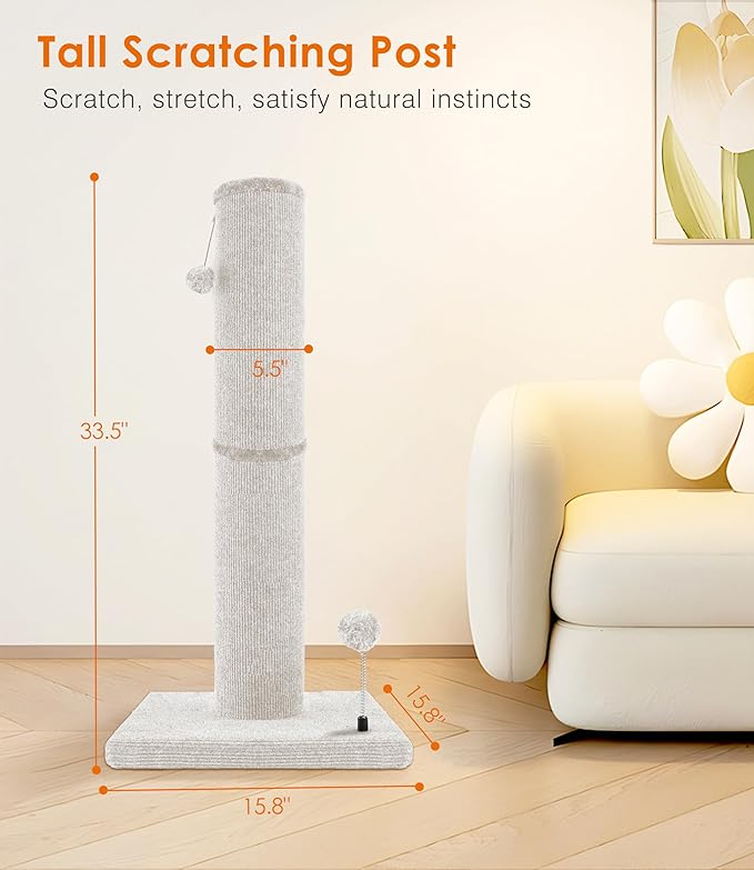 Carpet Craft Cat Scratching Post Heavy Duty for Indoor Large Cats and Adult Cats,Tall and Thicked Cat Scratch Post,Carpet Cat Tree Tower Scratcher with Interactivity Balls,Beige