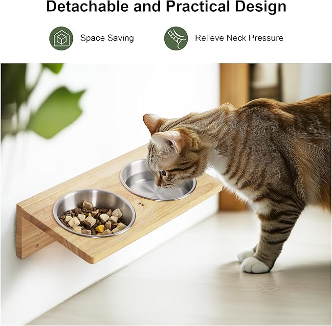 FUKUMARU Cat Wall Shelves, 3 in 1 Cat Wall Furniture Set, Cat Food Station with 2 Wall Steps, Solid Rubber Wood Cat Perch, Suitable for Cats Play, Nap, Eat, DIY Wall Jungle Gym