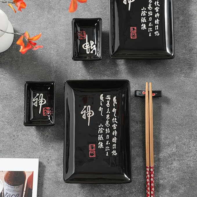 8 pcs Japanese Sushi Plate Sets Serving Platters and Trays for Entertaining Sushi Dishes Set Plates Sushi Plates Traditional Cuisine Dinnerware Sets with Chopsticks Black Shen