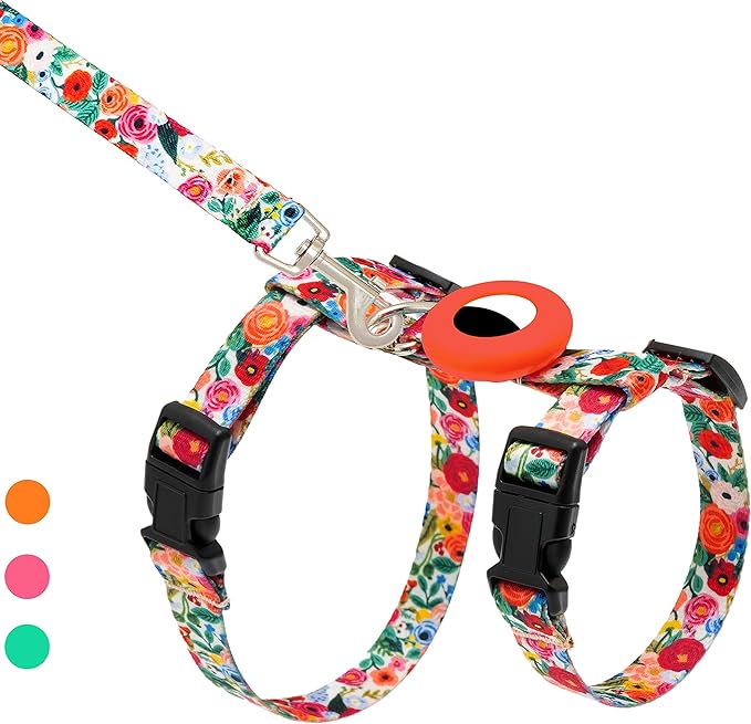 Cat Harness and Leash Escape Proof for Walking Travel Outdoor - Cute Floral Nylon Adjustable Cute Cat Harness Leash Set with Airtag Holder for Small Large Cats