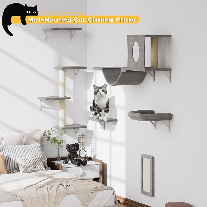 Wall Mounted Cat Furniture, 6pc Cat Wall Furniture, Cat Climber with Cat House, Bridge, Tree, Steps, and Scratcher, DIY Cat Walls Playground, Cat Shelves for Indoor Wall Furniture Set - Grey