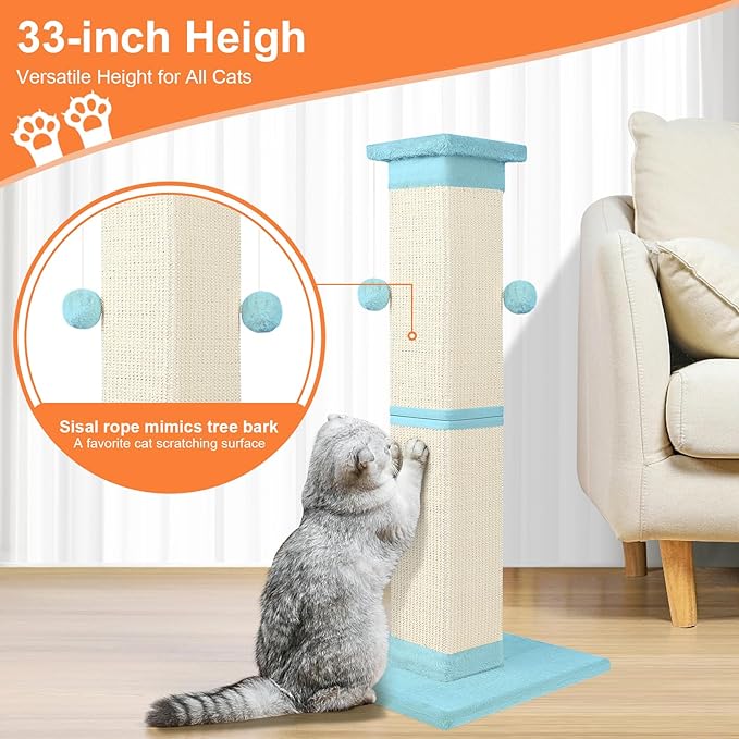Cat Scratching Post 33 Inch Nature Sisal Cat Scratch Post for Indoor Cats, Large Cat Scratcher Protect Your Furniture, Cyan
