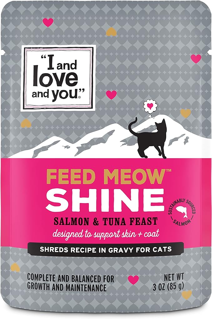 "I and love and you" Feed Meow Wet Cat Food Toppers, Shine Formula with Salmon and Tuna, Omegas 3 and 6 for Healthy Skin and Coat, Grain Free, No Fillers, 3 Oz Pouches, 1 Pouch Trial Size