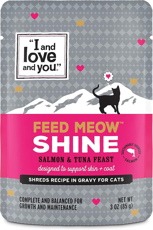 "I and love and you" Feed Meow Wet Cat Food Toppers, Shine Formula with Salmon and Tuna, Omegas 3 and 6 for Healthy Skin and Coat, Grain Free, No Fillers, 3 Oz Pouches, 1 Pouch Trial Size