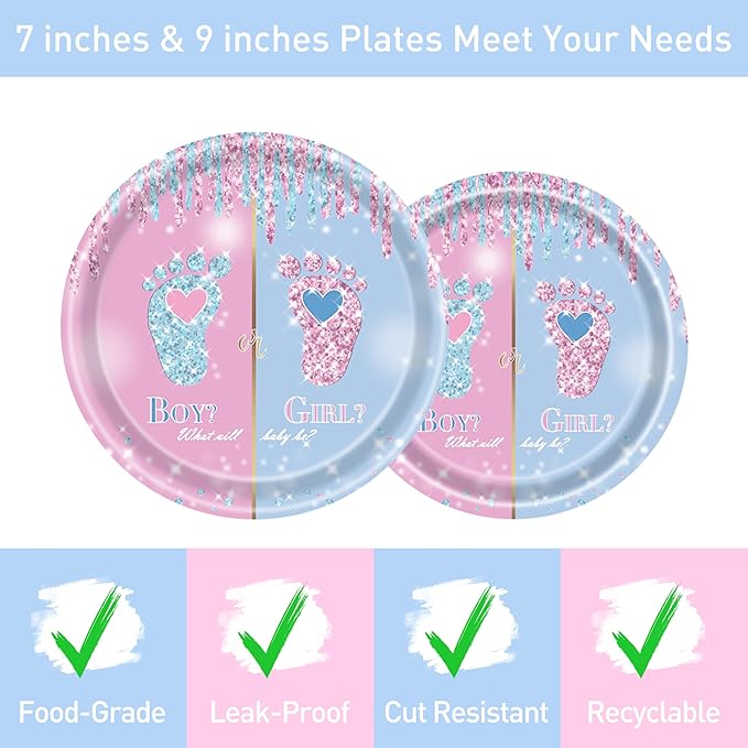 96 Pcs Gender Reveal Party Plates Napkins Forks Decorations Tableware Set Supplies Disposable Paper Boy or Girl Gender Footprint Favors, Serves 24 Guests