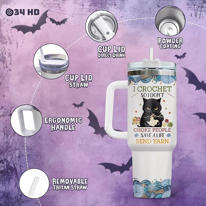 34HD Black Cat Tumbler with Handle & Straw, 40oz Vacuum Insulated Cat Coffee Cup, I Crochet So I Dont Choke People Mug, Crochet Lover Gifts for Birthday Mothers Day Christmas