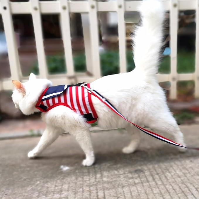 Cat Harness and Leash for Walking Escape Proof, Adjustable Cat Vest Harness, Padded Stylish Cat Walking Jackets, Sailor Suit Red, Medium