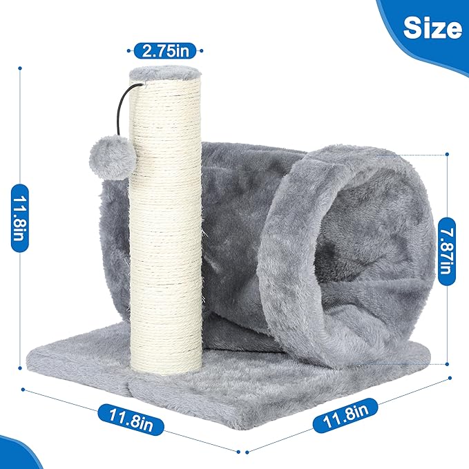 Cat Tree with Cat Play Tunnel, 11.8 in Cat Scratching Post with Scratching Board,Cat Scratch Pad with Toy Ball for Indoor Cats,Protect Furniture