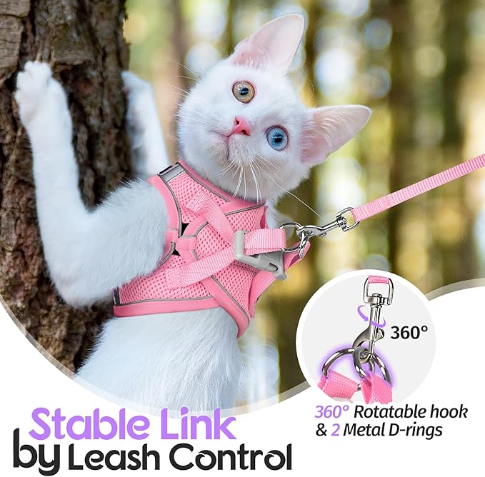 Dooradar Cat Harness and Leash Set, Escape Proof Lightweight Kitten Harness, Soft Breathable Reflective Vest for Outdoor Walking Traveling, Adjustable for Medium Cats, Purple & Pink, M