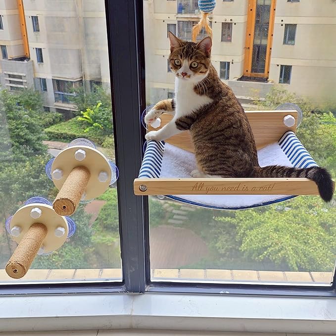 Cat Window Perch with 2 Window Stairs, Natural Wood Materials, 17'' Wide Cat Window Hammocks, Cat Hammock for Window with 5 Strong Suction Cups