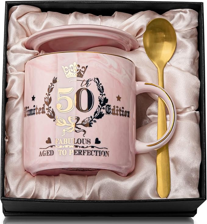 50th Birthday Gifts for Women Her, Fabulous 50 Aged to Perfection, 14oz Gold Pattern Coffee Mug, Cool Gifts Idea for Turning 50 Year old Mom, Wife, Daughter, Sister, Friends, Aunt, Nice Gift Boxed