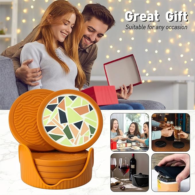 6-Pack Terazzo Silicone Coasters with Deep Tray Holder - Double-Sided Drink Coasters - Beverage Mats for Hot or Cold Drinks - Thick, Non-Slip, Non-Stick Silicone with Ceramic Insert