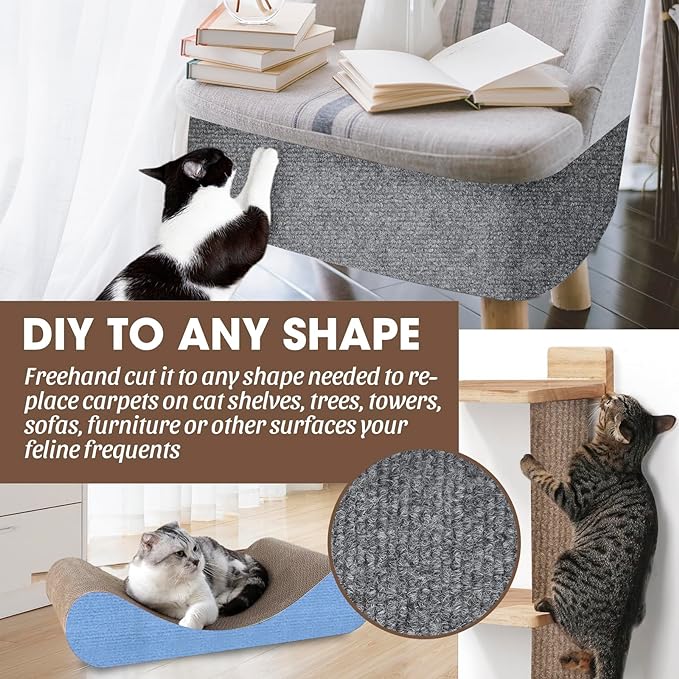 Cat Scratching Mat, 100"x16" Self-Adhesive Carpet Mat Trimmable Replacement for Cat Tree, Cat Wall Shelves, Cat Scratching Post, TanoFalo DIY Couch Furniture Protector (Dark Gray)
