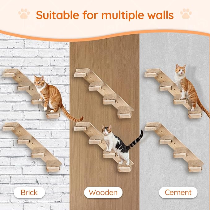 HOOBRO Cat Wall Shelves Set of 2, Wood Wall Mounted 4-Level Cat Ladders, Cat Climbing Shelves with Jute Scratching Steps, Cat Wall Climber Furniture, for Cat Perches and Platforms, Nature NL42CS03
