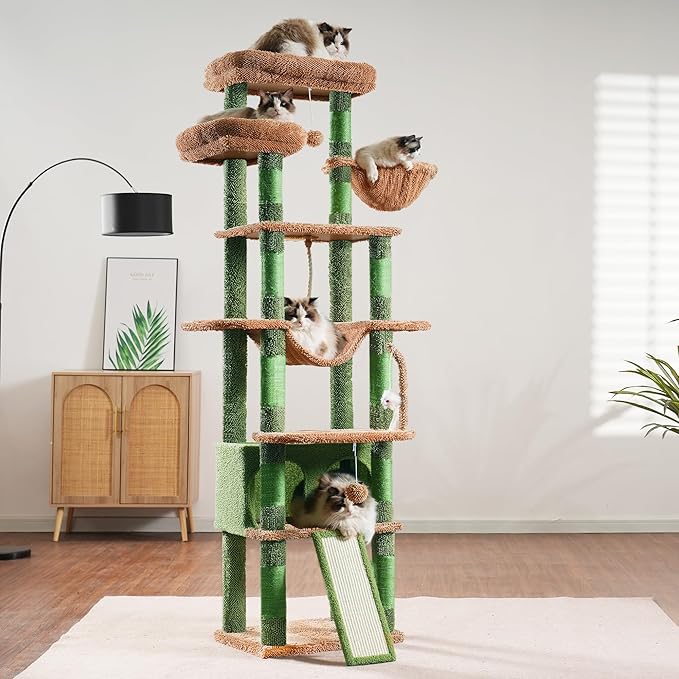 Heybly Tall Cat Tree,78 inch Multi-Level Cat Tower for Indoor Cats,2 Widened Plush Perches Cat Condo with Scratching Board and Big Caves HCT033CA