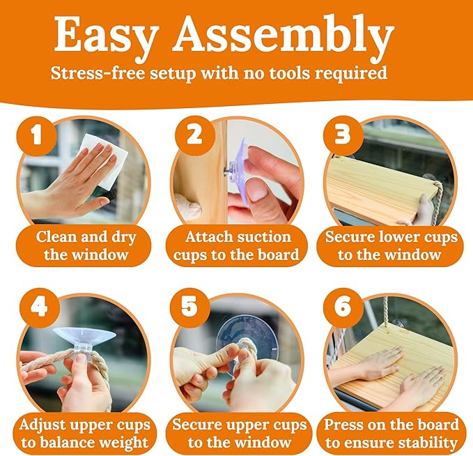 Cat Window Perch - Cat Hammock for Window - Solid Wood Seat & Strong Suction Cups - Cat Window Bed & Furniture for Cats Inside - Hanging Window Shelf for Small Medium Indoor Cats