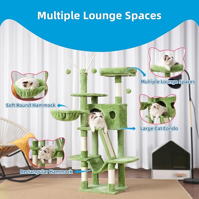 Hey-brother Cat Tree, 53 inch Cat Tower for Indoor Cats, Cat House with Padded Platform Bed, Toy Balls, Large Cozy Condo, Hammocks and Sisal Scratching Posts, Green MPJ019-SGR