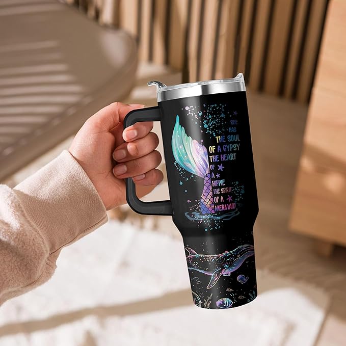 40 Oz Mermaid Tumbler with Handle and Straw, Double Wall Stainless Steel Mermaid Mug, Mermaid Cups Insulated Mermaid Coffee Mug, 40 Oz Leak Proof Mermaid Coffee Cup and Mermaid Gifts for Women