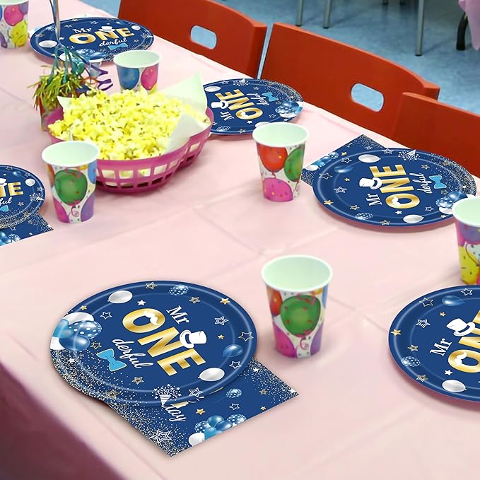 96 Pcs Blue Party Plates and Napkins Decorations Tableware Set Supplies Disposable Paper Dessert Birthday Table Dinnerware Favors Set, Serves 24 Guests