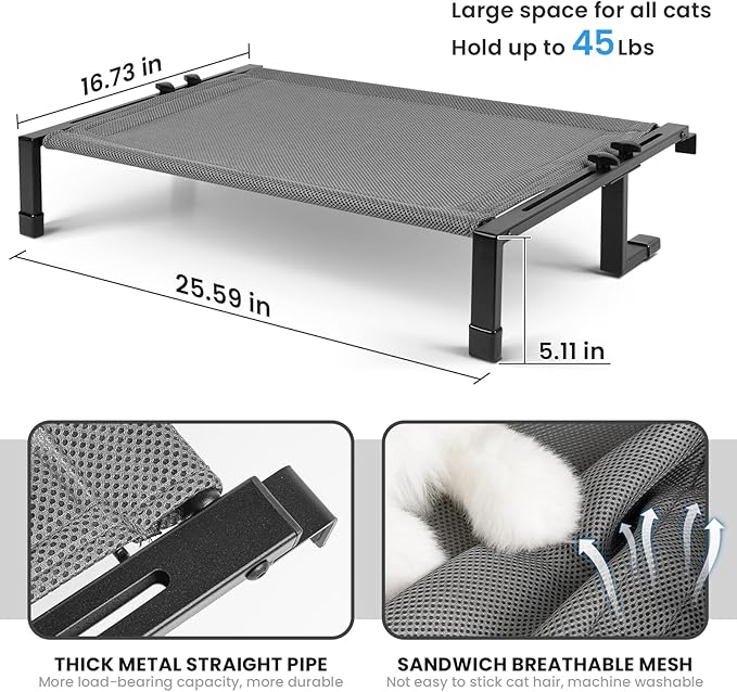 Cat Window Perch Cat Hammock for Large Cats Free-Standing Cat Sleeping Bed Sturdy Adjustable Easy Assemble Metal Cat Shelves for Windowsill, Floor, Bedside, Cabinet Holds Up to 45 lbs