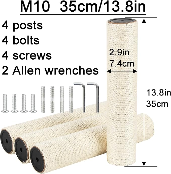 4 Pcs 2.9in 7.4cm Diameter Cat Tree Scratching Post Replacement Sisal Pole Parts (M10, 13.8in/35cm)