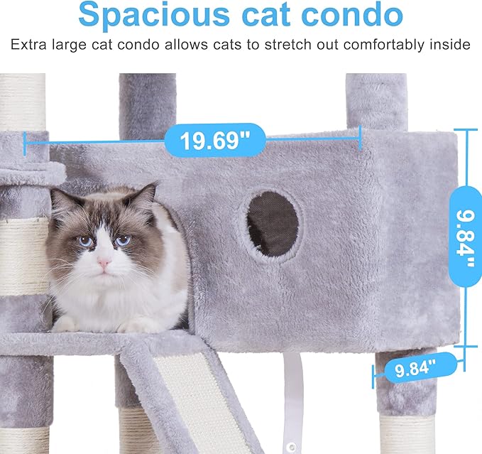 Hey-brother Cat Tree, 61 inch Cat Tower for Indoor Cats, Cat House with Padded Platform Bed, Toy Balls, Large Cozy Condo, Hammocks and Sisal Scratching Posts, Light Gray MPJ019W