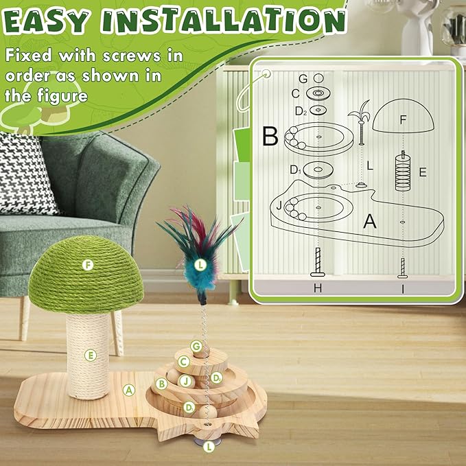 Cat Scratching Post, Sisal Mushroom Scratcher, Interactive Cat Toy with Ball and Bell Feather for Kittens and Small Cats