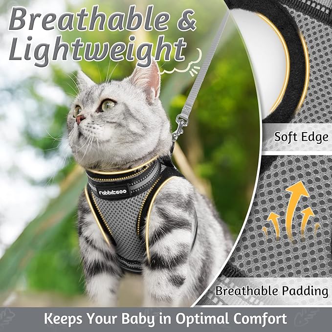 rabbitgoo Cat Harness and Leash Set for Walking Escape Proof, Adjustable Soft Kittens Vest with Reflective Strip for Cats, Comfortable Outdoor Vest, Grey, M
