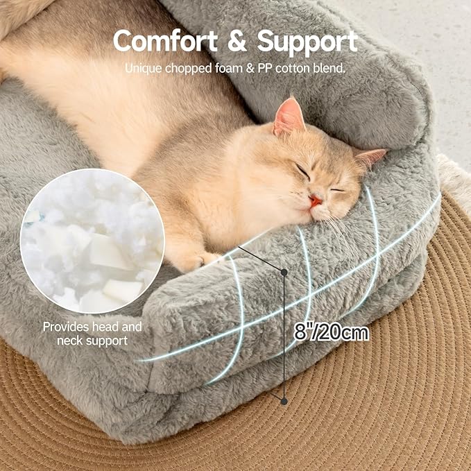 MEWOOFUN Cat Couch Bed for Indoor Cats, Fluffy Cat Sofa for Small Pets with Removable Washable Cover, Cute Cat Bed with Non-Slip Bottom, Cat Beds & Furniture for Small Pets(Grey,S)