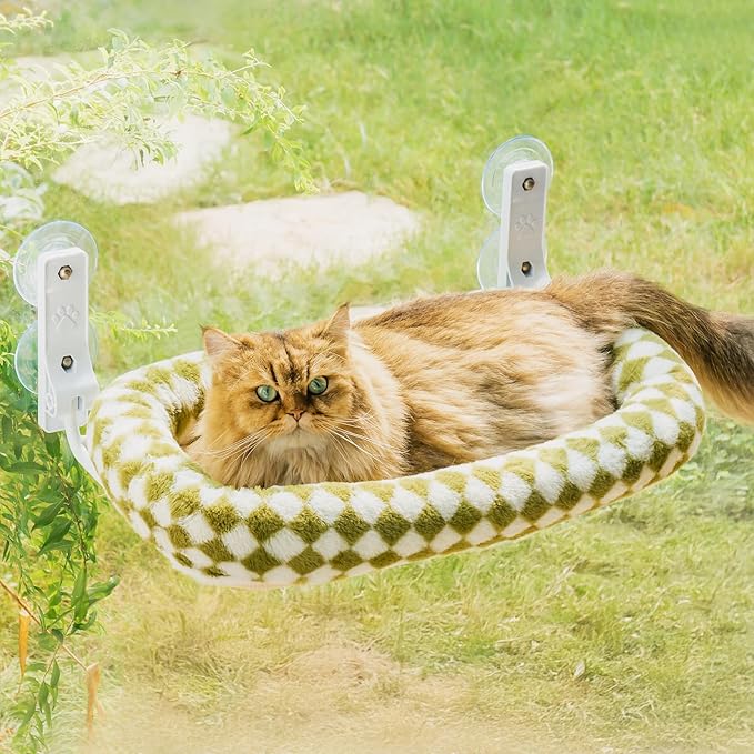 Mewoo Cat Window Perch, Cordless Cat Window Hammock with 4 Strong Suction Cups, Embeded Cat Hammock for Window, Steel Frame and Removable Soft Cover (Green, Medium)