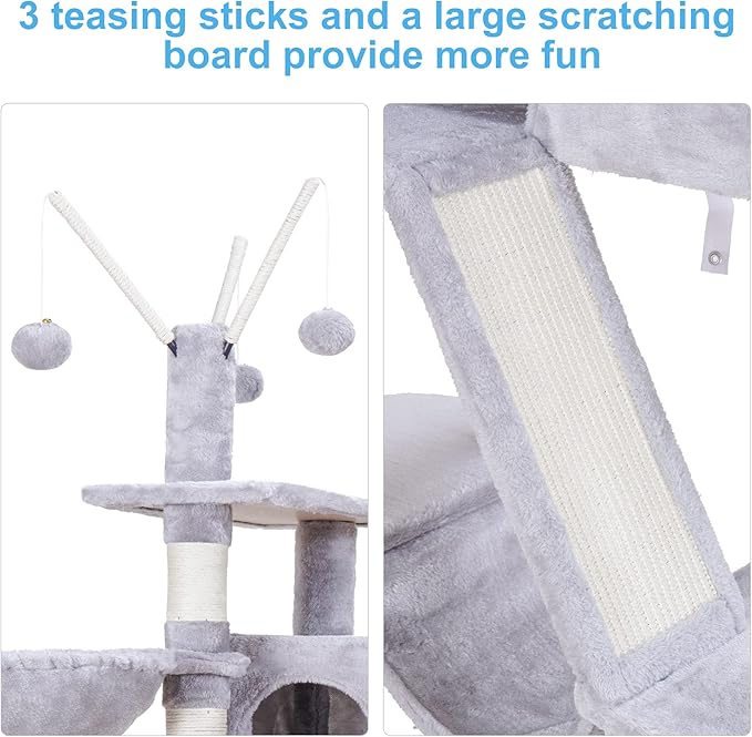 Hey-brother Cat Tree, 61 inch Cat Tower for Indoor Cats, Cat House with Padded Platform Bed, Toy Balls, Large Cozy Condo, Hammocks and Sisal Scratching Posts, Light Gray MPJ019W